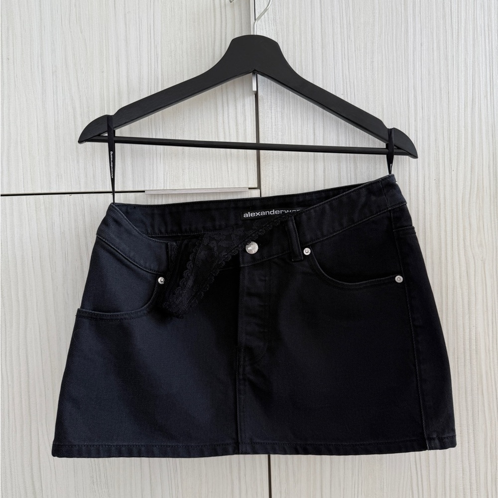 Alexander Wang Black Pre-Styled Asymmetrical Lace Denim Miniskirt